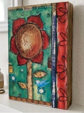 Dream Floral Mixed Media Collage Wall Art - Red & Green Hanging Flower Bird